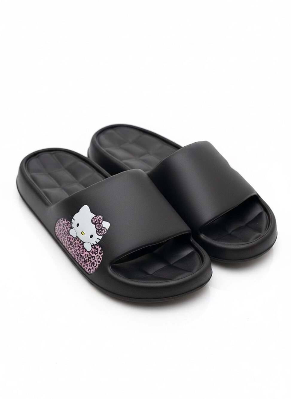 Hello Kitty Black Slide Sandals with Pink Leopard Bow Pattern